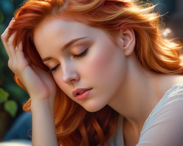 Young woman with red hair in serene nature setting