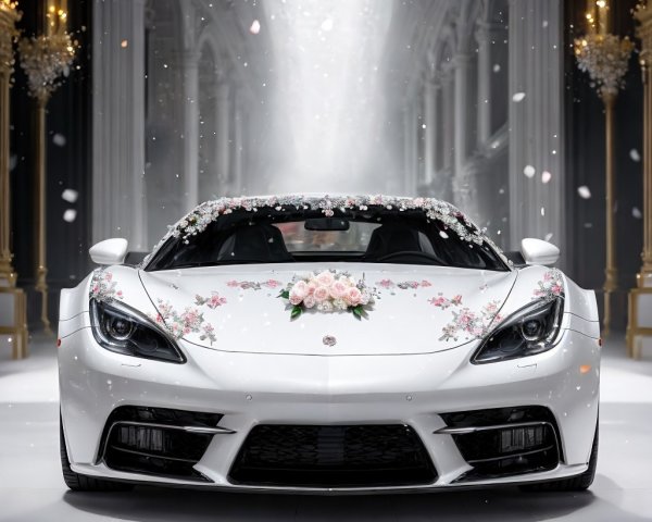 White Sports Car in Ornate Floral Setting