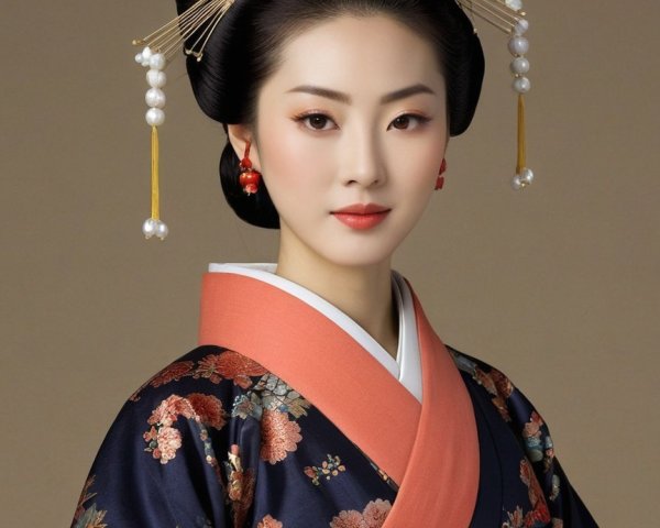Traditional Kimono with Floral Patterns and Updo Hairstyle