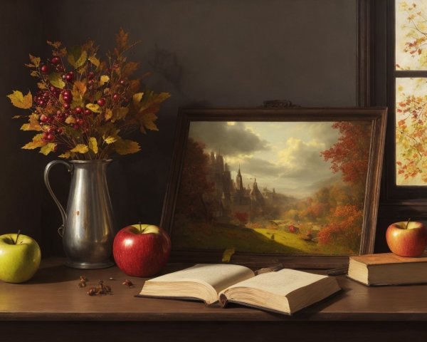 Cozy Still Life with Books and Autumn Landscape