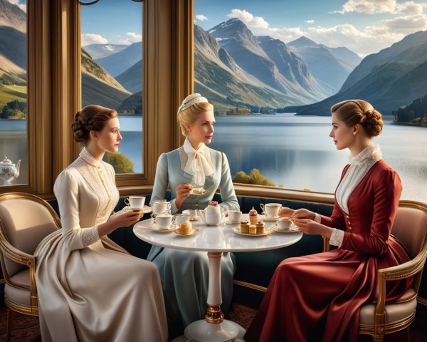 Elegant Women in Historical Attire by a Scenic Lake