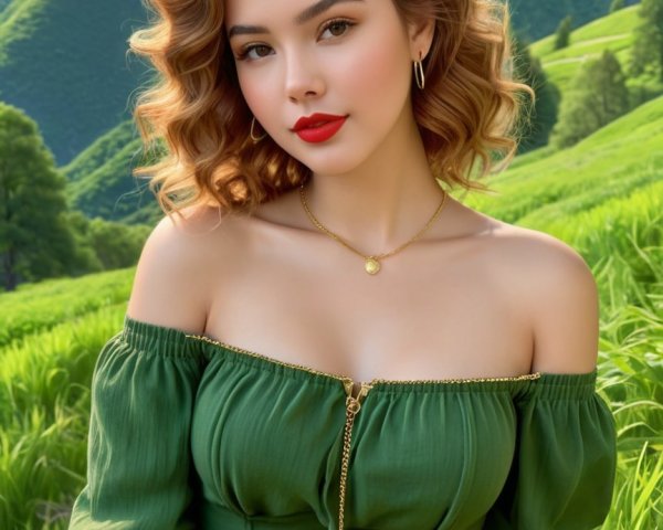 Young woman in emerald top in lush green landscape
