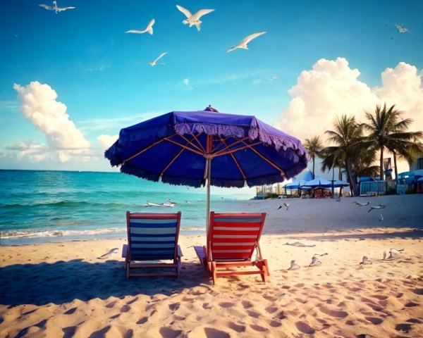 Beach chairs under a purple umbrella on sandy shore