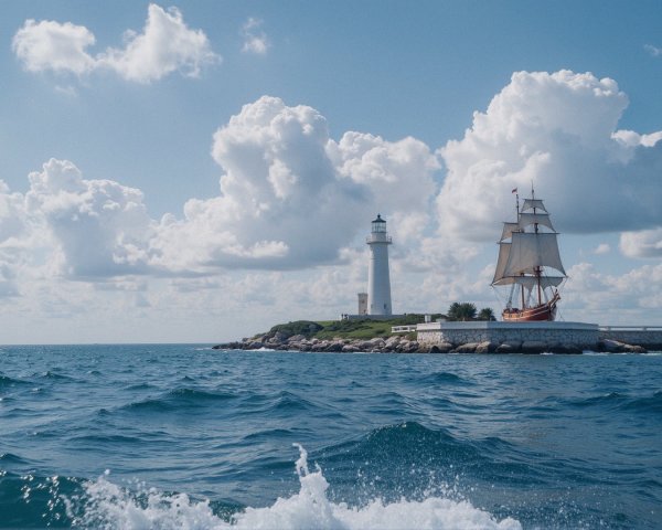 Lighthouse on Island with Sailing Ship and Blue Waters