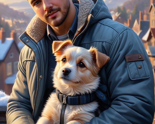 Young man with dog in winter village setting