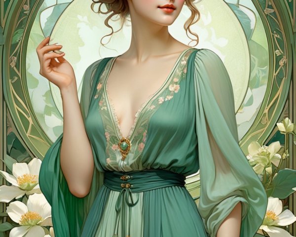 Graceful Woman in Flowing Gown Among White Flowers