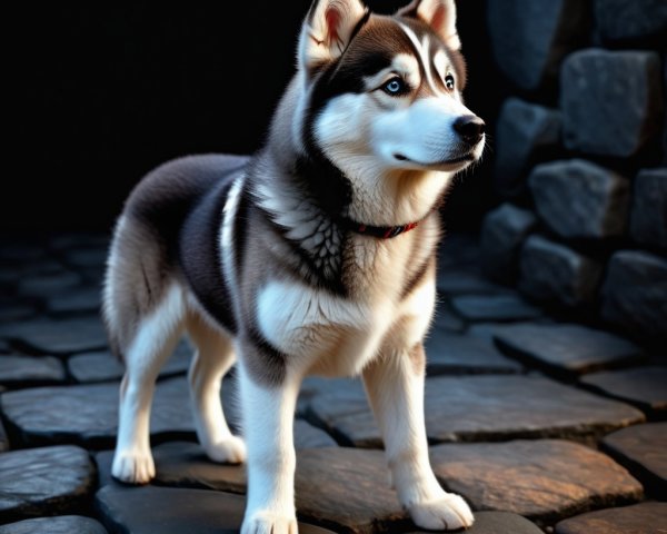 Siberian Husky with Blue Eyes on Stone Floor
