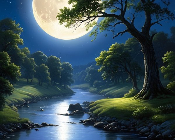 Serene Night Scene with Full Moon Over Calm River
