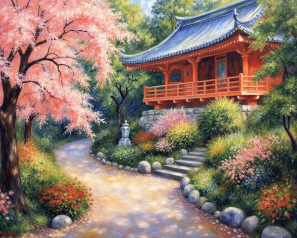 Traditional Red Pavilion Surrounded by Cherry Blossoms