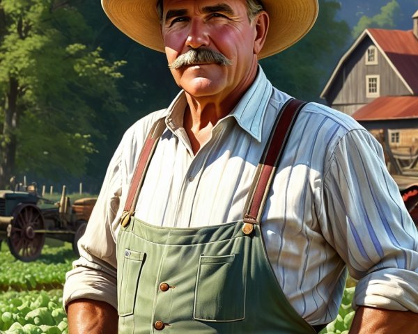 Confident Farmer in Lush Green Field with Barn