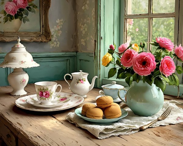 Vintage tea setting with floral porcelain and roses