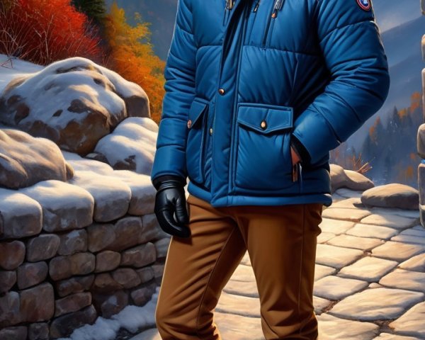 Young man in blue jacket on autumn path with mountains