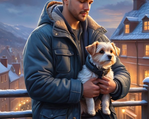 Young man with dog on balcony during snowy twilight