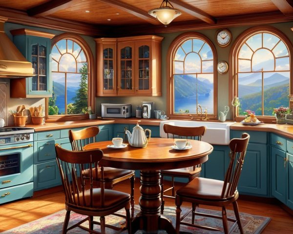 Charming Country Kitchen with Blue Cabinets and Mountain View