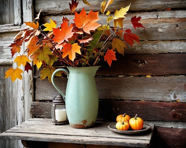 Rustic Shelf with Autumn Decor and Textured Background