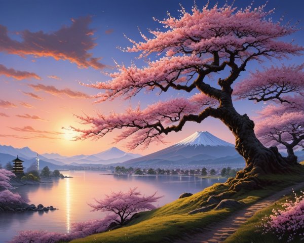 Tranquil Lake and Cherry Blossoms at Dawn with Fuji