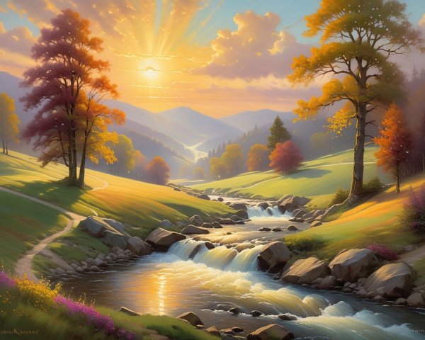 Serene Landscape with Stream and Autumn Foliage