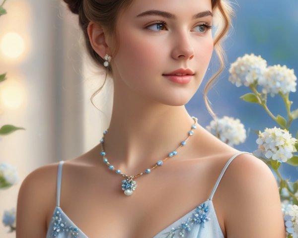 Elegant young woman in blue gown among blooming flowers