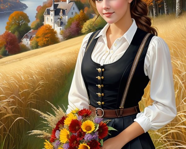 Young Woman in Traditional Outfit Amid Autumn Landscape