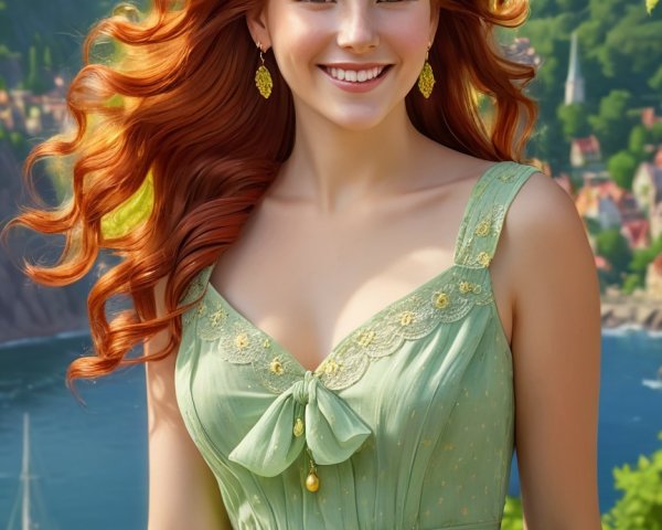 Young woman in mint-green dress against scenic landscape