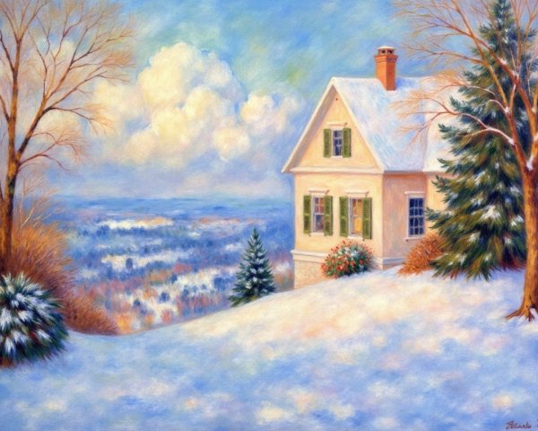 Cozy Winter Landscape with Pastel House and Snow
