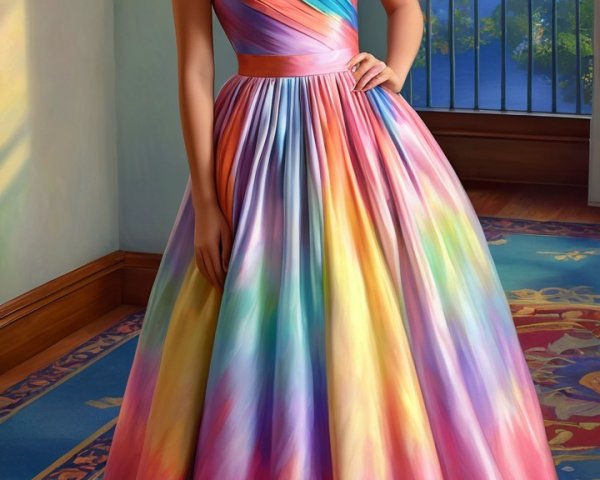 Young woman in vibrant pastel tie-dye gown