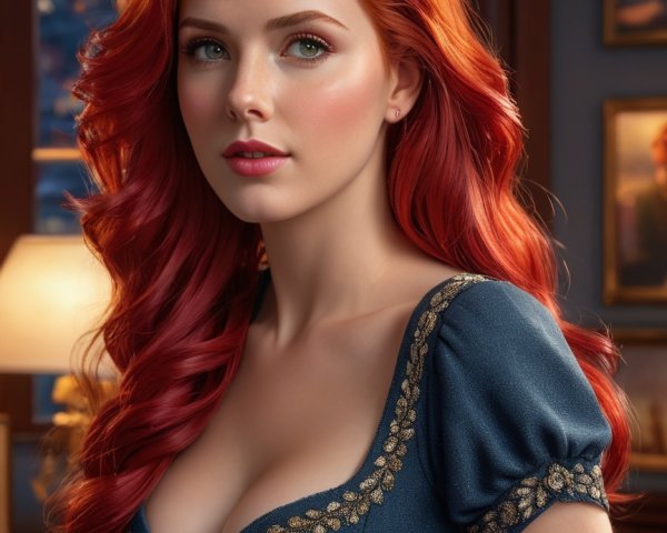 Young Woman with Red Hair in Elegant Blue Dress