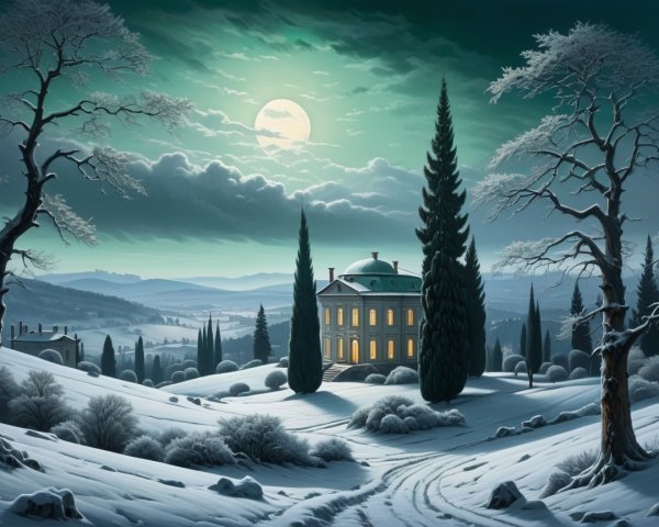 Serene Winter Landscape with Grand House and Moonlight