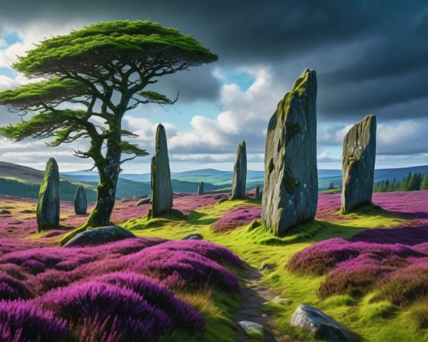 Serene landscape with twisted tree and standing stones