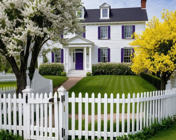 Two-Story White House with Purple Shutters and Fencing
