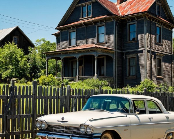 Vintage car near weathered Victorian house and greenery
