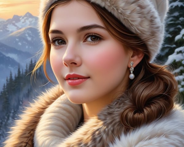Young Woman in Fur Coat Against Winter Landscape