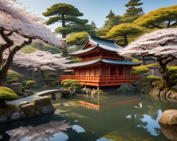Serene Japanese garden with red pagoda and cherry blossoms