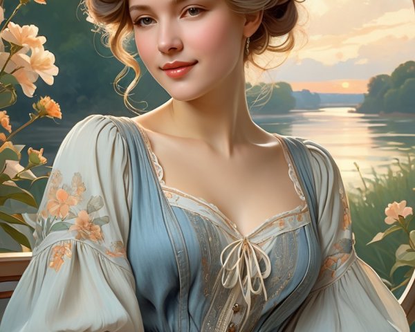 Elegant young woman in detailed dress by a window