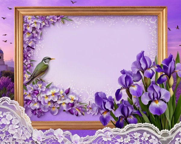 Purple-Themed Floral Background with Bird and Landscape