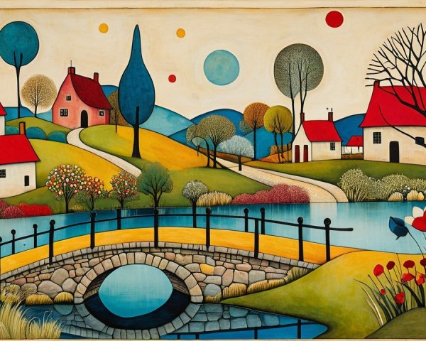 Whimsical Landscape with Rolling Hills and River
