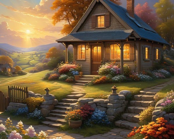 Charming Cottage Surrounded by Vibrant Gardens at Sunset