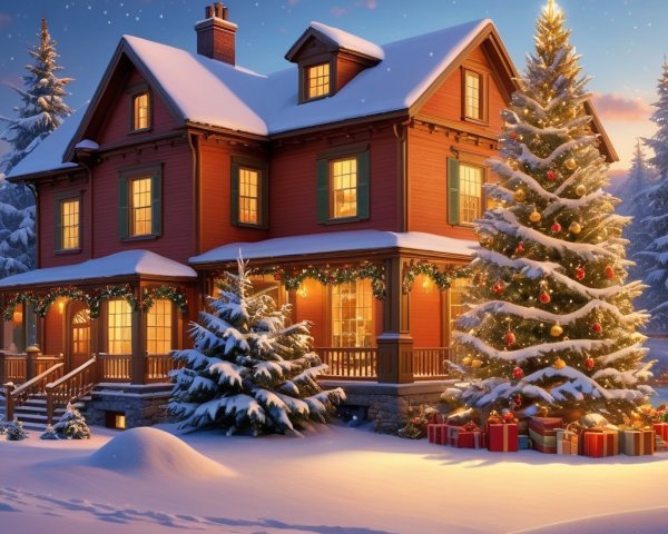 Red House with Christmas Decor in Snowy Landscape