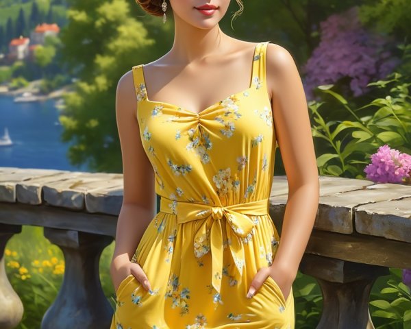 Young Woman in Yellow Floral Dress Outdoors