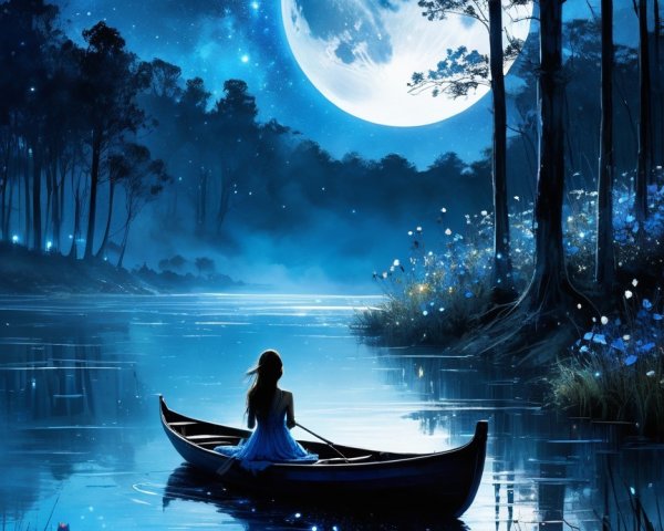 Tranquil Lake Scene Under a Full Moon at Night