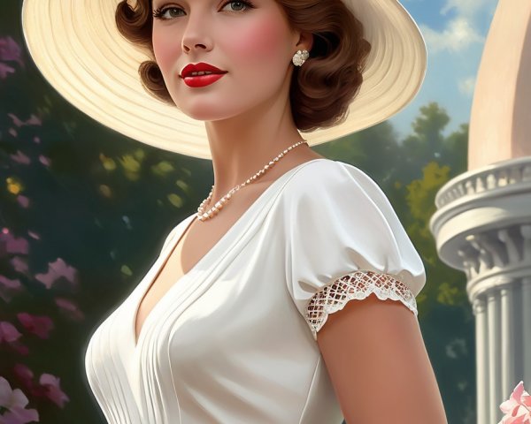 Glamorous Woman in Vintage Dress in Vibrant Garden
