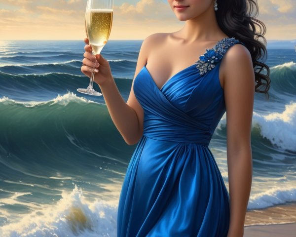 Elegant Woman in Sapphire Dress by Turquoise Ocean