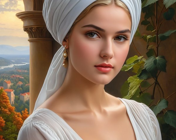 Elegant Portrait of a Woman in White Turban and Garment