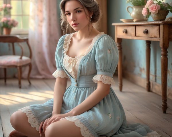 Young Woman in Vintage Dress in Sunlit Room