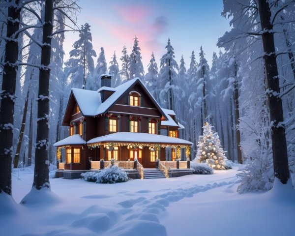 Snow-Covered House in a Serene Winter Forest