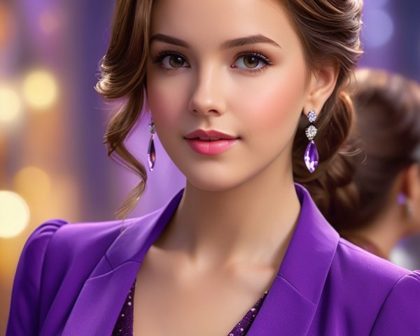 Elegant Young Woman in Vibrant Purple Sequined Outfit