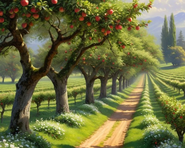 Orchard Pathway with Apple Trees and Scenic Hills