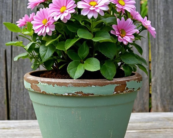 Vibrant Pink Daisies in Rustic Green Pot Arrangement
