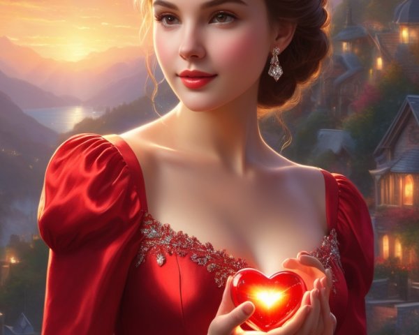 Young woman in red gown holds glowing heart at sunset