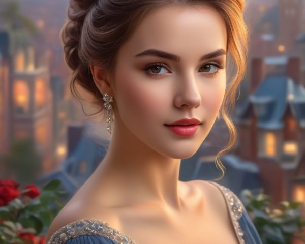 Young Woman in Blue Gown with Sunset Cityscape Background